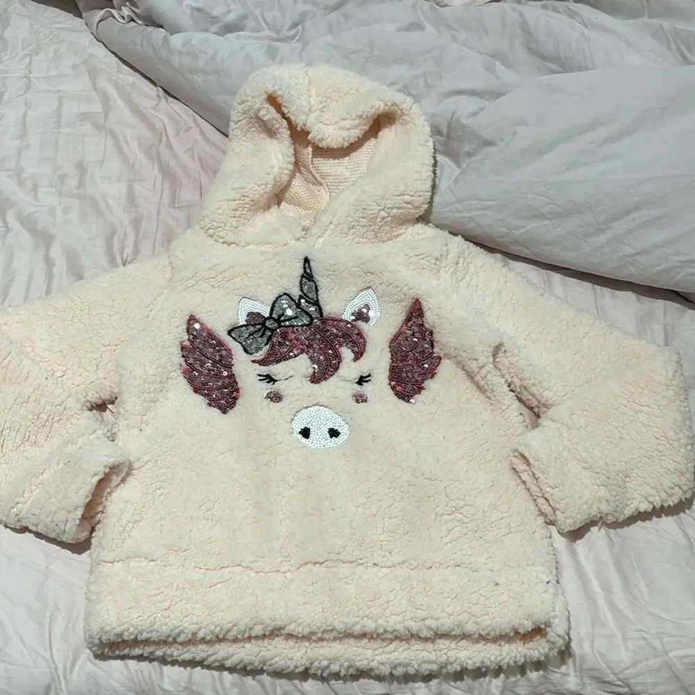 Miss Chievious M like 7 pink fleece hooded sweatshirt sequin unicorn wings nwot